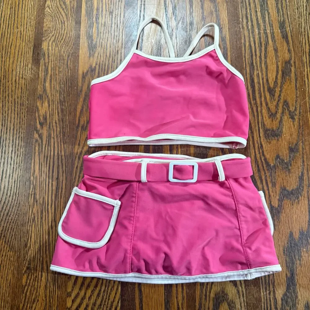 Old Navy 2T Pink Tankini Skort Swim Set Racerback Crop Top White Trim Playwear